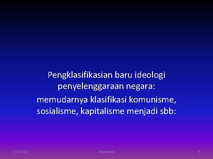 Pengklasifikasian baru ideologi penyelenggaraan negara: memudarnya klasifikasi komunisme, sosialisme, kapitalisme menjadi sbb: 2/12/2022 kuswartojo