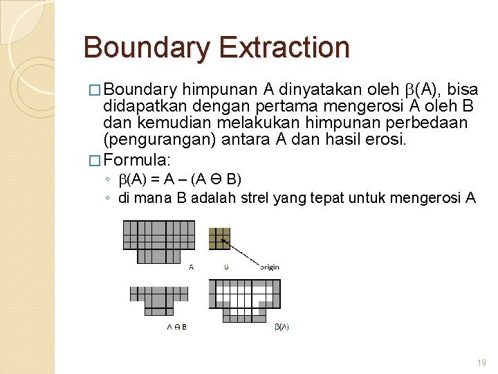 Boundary Extraction himpunan A dinyatakan oleh (A), bisa didapatkan dengan pertama mengerosi A oleh