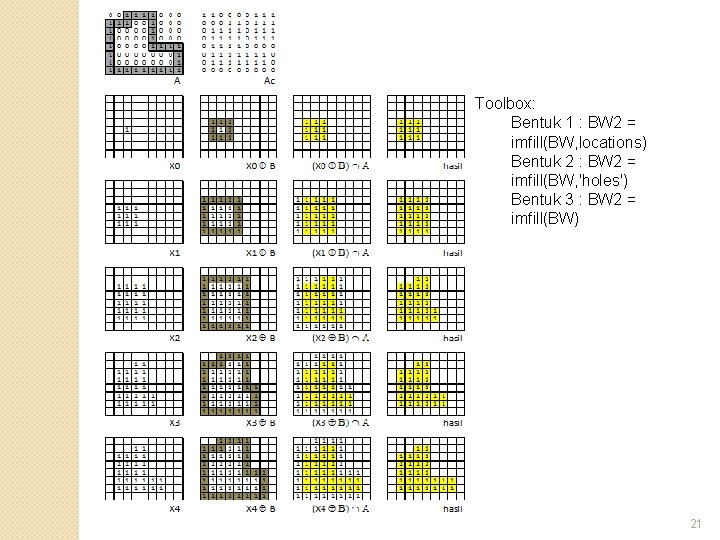 Toolbox: Bentuk 1 : BW 2 = imfill(BW, locations) Bentuk 2 : BW 2