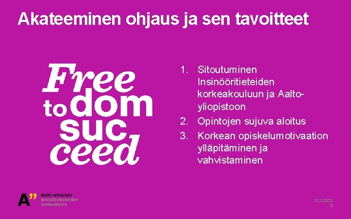 Akateeminen ohjaus ja sen tavoitteet 1. Sitoutuminen Insinööritieteiden korkeakouluun ja Aaltoyliopistoon 2. Opintojen sujuva