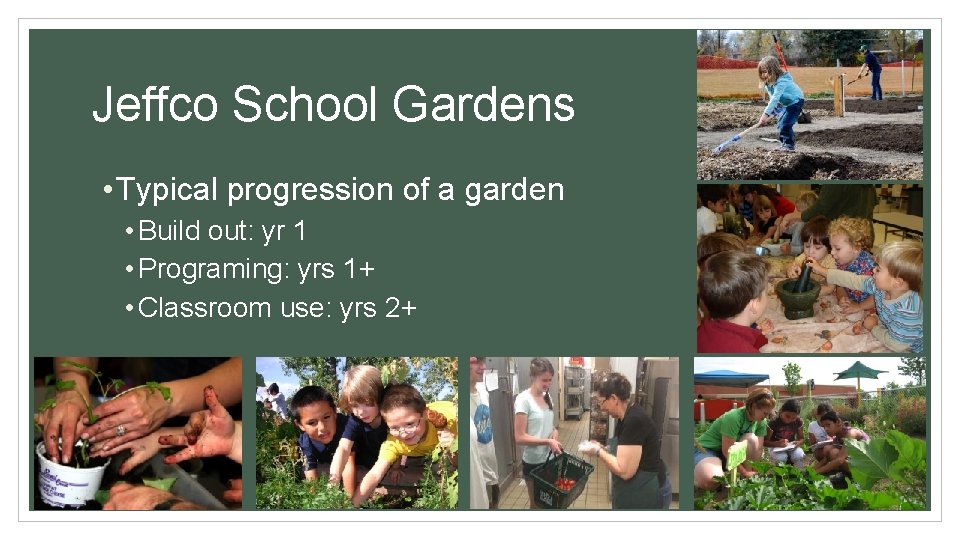 Jeffco School Gardens • Typical progression of a garden • Build out: yr 1