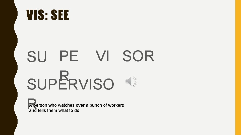 VIS: SEE SU PE VI SOR R SUPERVISO R A person who watches over
