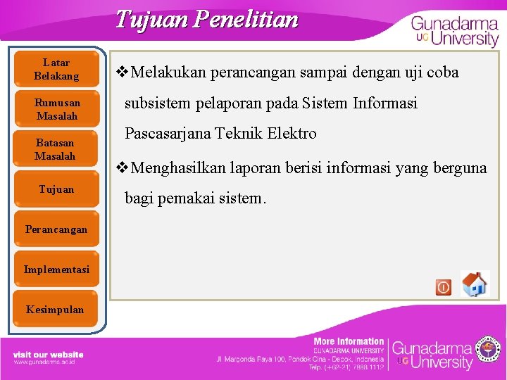 Tujuan Penelitian Latar Belakang Rumusan Masalah Batasan Masalah Tujuan Perancangan Implementasi Kesimpulan v. Melakukan