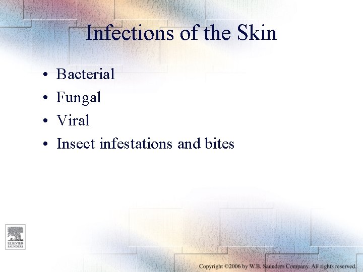 Infections of the Skin • • Bacterial Fungal Viral Insect infestations and bites 