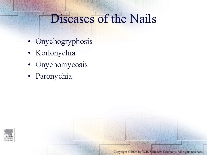 Diseases of the Nails • • Onychogryphosis Koilonychia Onychomycosis Paronychia 