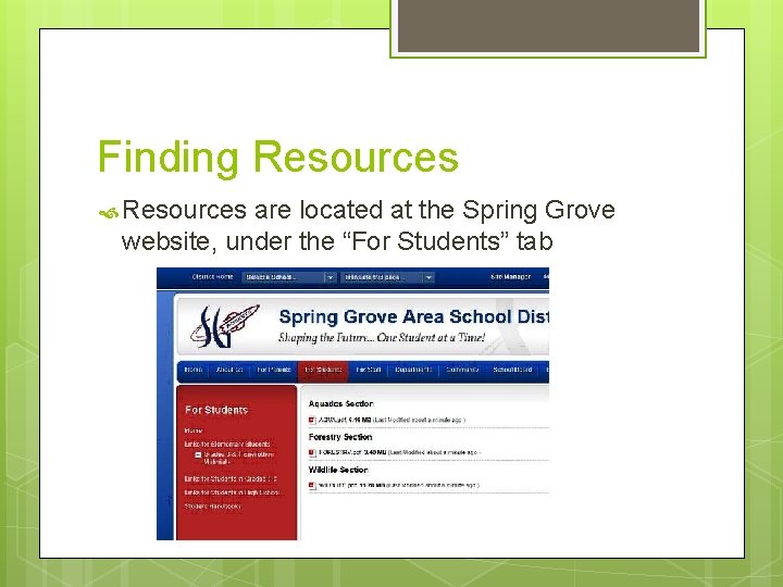 Finding Resources are located at the Spring Grove website, under the “For Students” tab