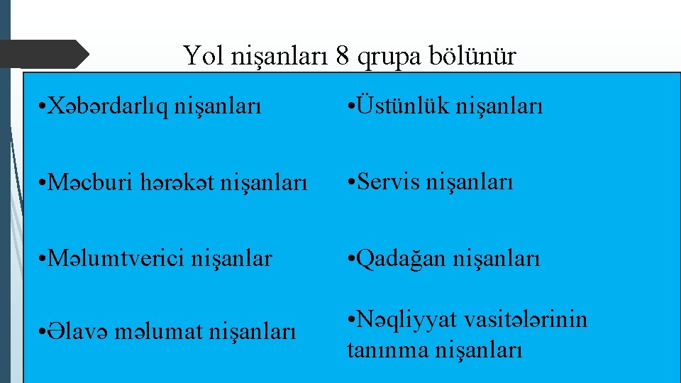 Yol nişanları 8 qrupa bölünür • Xəbərdarlıq nişanları • Üstünlük nişanları • Məcburi hərəkət