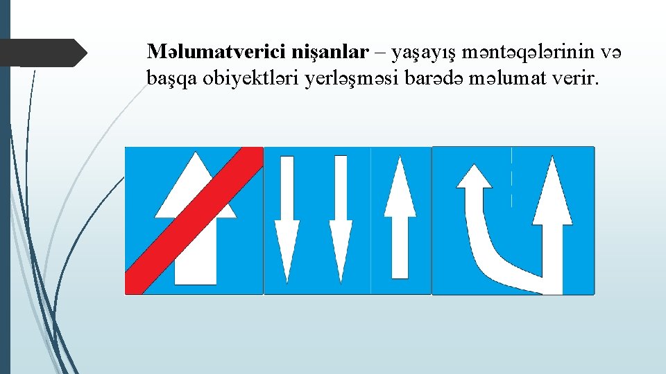 Məlumatverici nişanlar – yaşayış məntəqələrinin və başqa obiyektləri yerləşməsi barədə məlumat verir. 