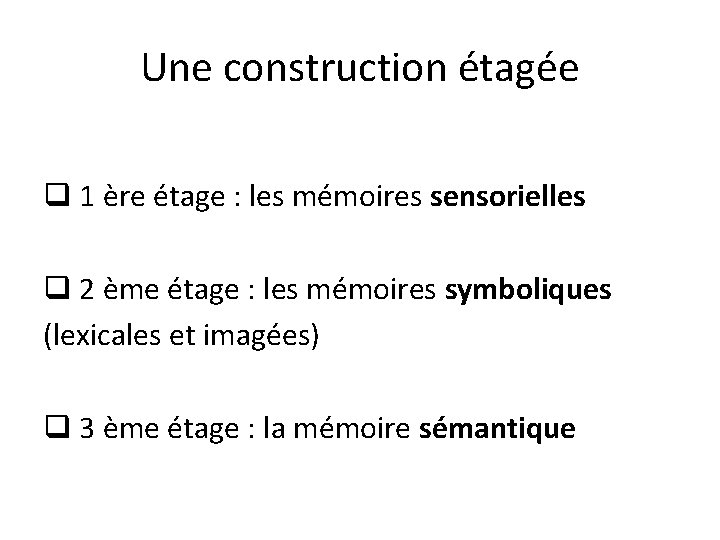 Une construction étagée 1 ère étage : les mémoires sensorielles 2 ème étage :