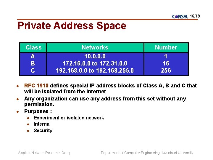 16/19 Private Address Space Class A B C l l l Networks 10. 0