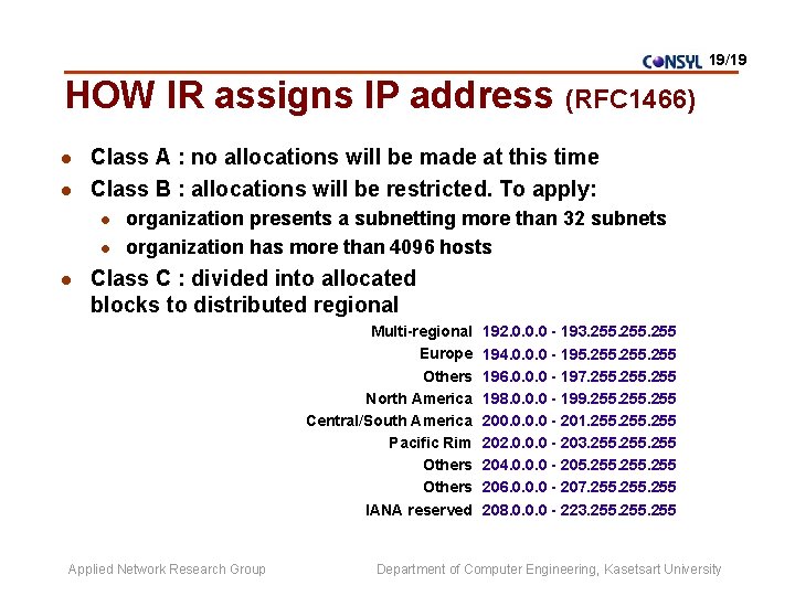 19/19 HOW IR assigns IP address (RFC 1466) l l Class A : no
