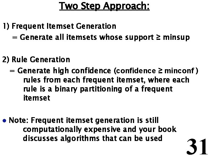 Two Step Approach: 1) Frequent Itemset Generation = Generate all itemsets whose support ≥