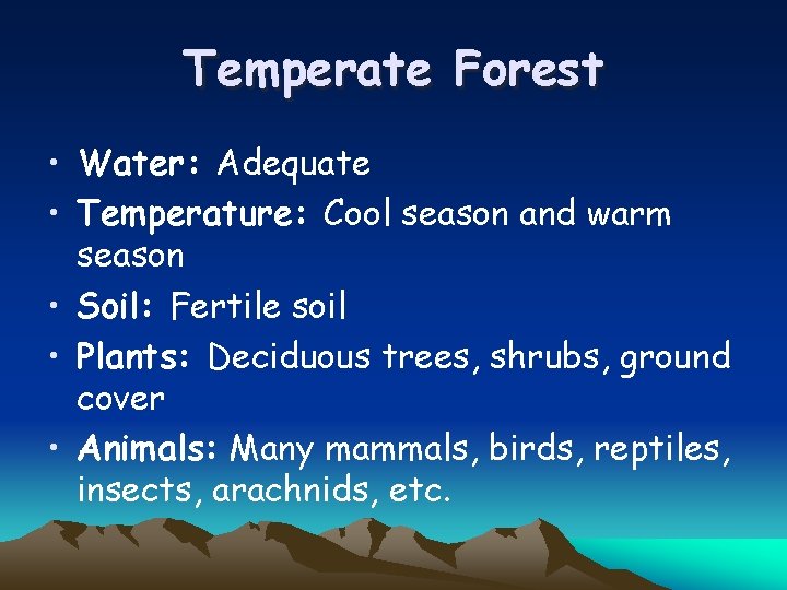 Temperate Forest • Water: Adequate • Temperature: Cool season and warm season • Soil: