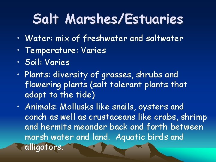 Salt Marshes/Estuaries • • Water: mix of freshwater and saltwater Temperature: Varies Soil: Varies