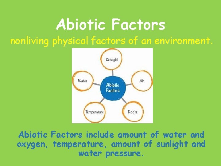 Abiotic Factors nonliving physical factors of an environment. Abiotic Factors include amount of water