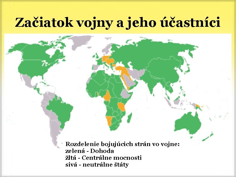 Začiatok vojny a jeho účastníci Rozdelenie bojujúcich strán vo vojne: zelená - Dohoda žltá