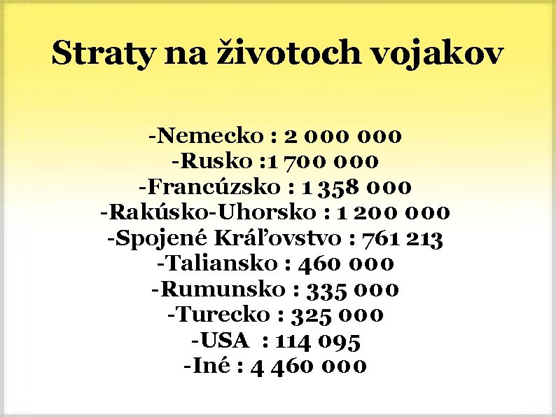 Straty na životoch vojakov -Nemecko : 2 000 -Rusko : 1 700 000 -Francúzsko