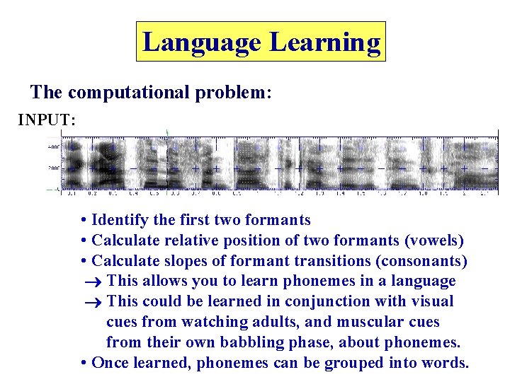 Language Learning The computational problem: INPUT: • Identify the first two formants • Calculate
