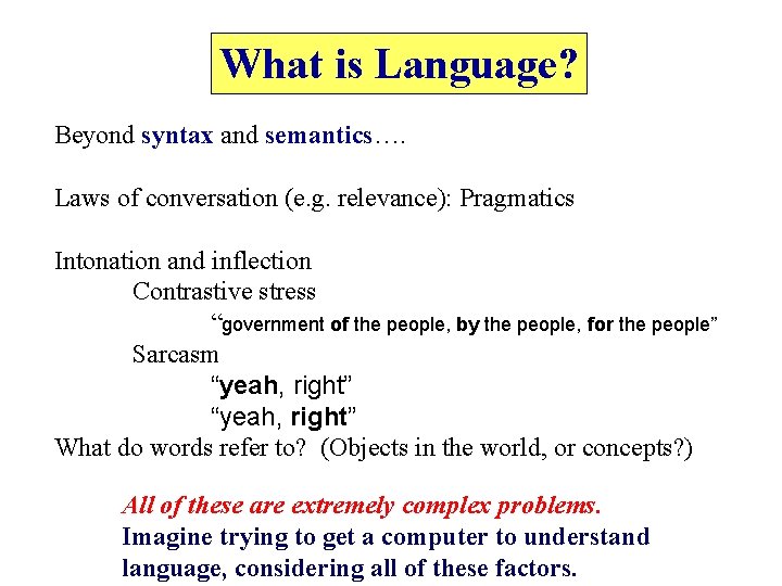 What is Language? Beyond syntax and semantics…. Laws of conversation (e. g. relevance): Pragmatics