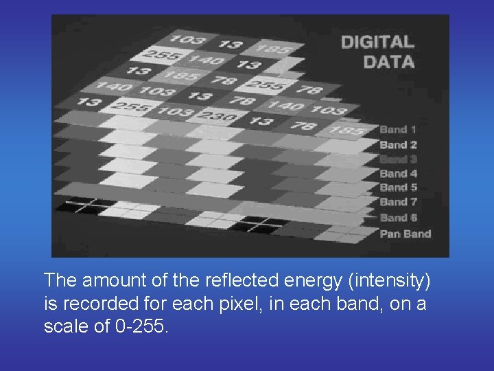 The amount of the reflected energy (intensity) is recorded for each pixel, in each