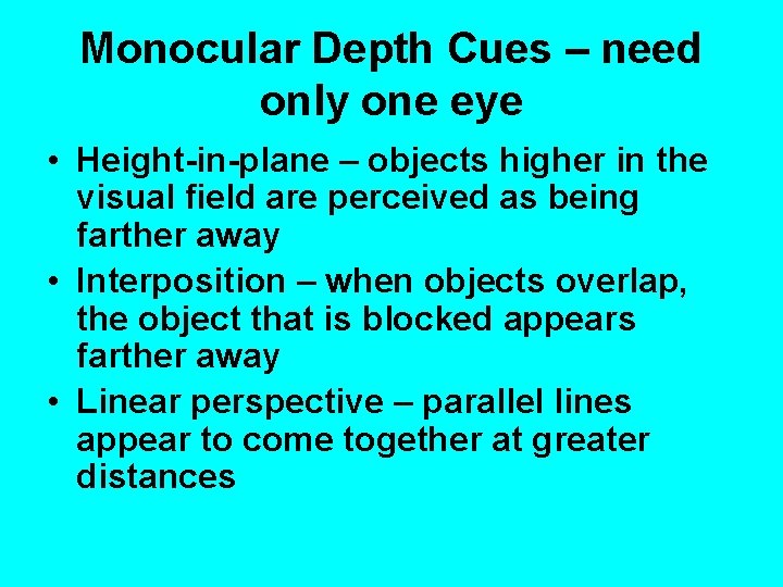 Monocular Depth Cues – need only one eye • Height-in-plane – objects higher in