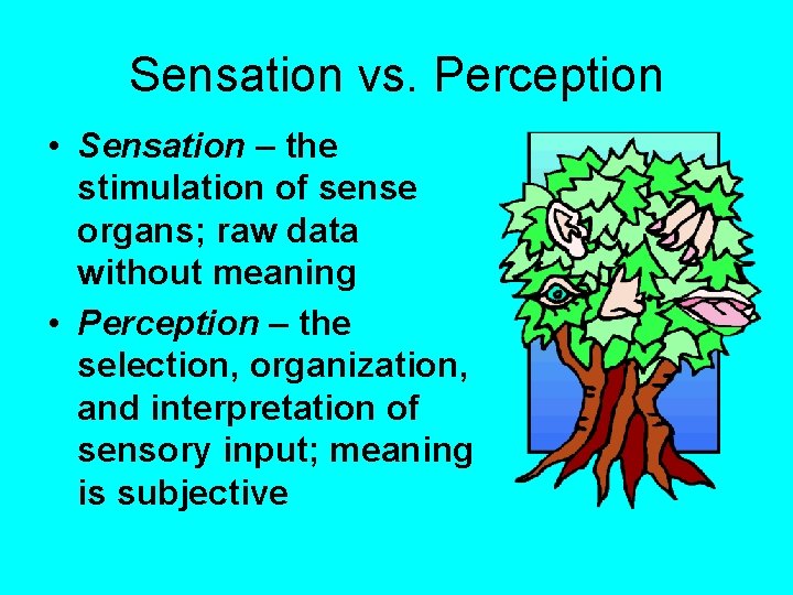 Sensation vs. Perception • Sensation – the stimulation of sense organs; raw data without