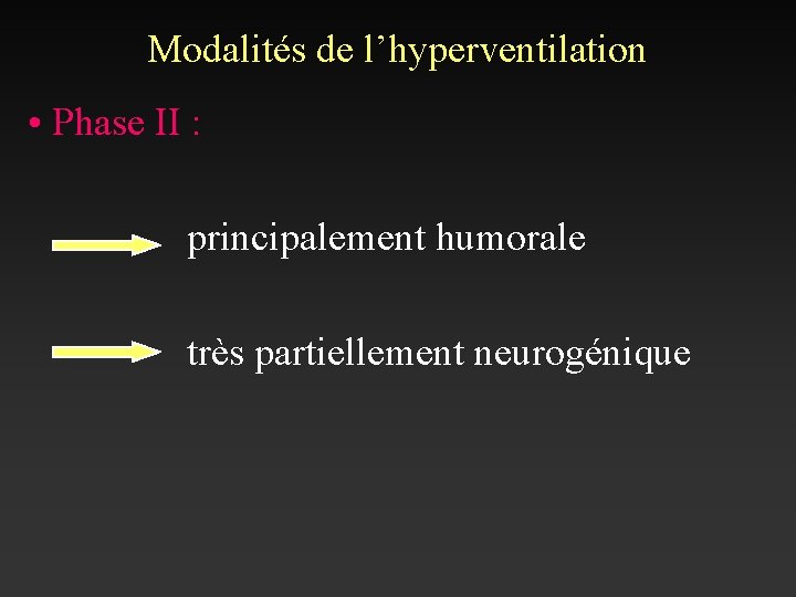 Modalités de l’hyperventilation • Phase II : principalement humorale très partiellement neurogénique 