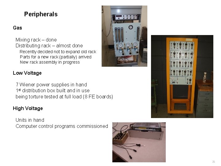 Peripherals Gas Mixing rack – done Distributing rack – almost done Recently decided not