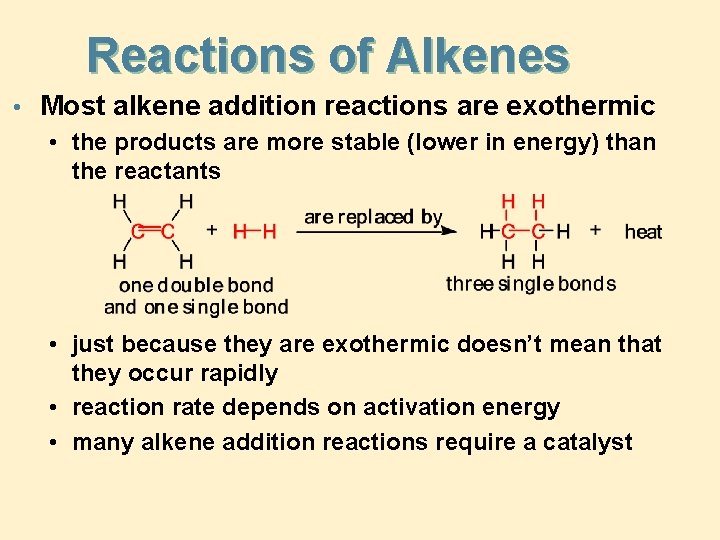 Reactions of Alkenes • Most alkene addition reactions are exothermic • the products are