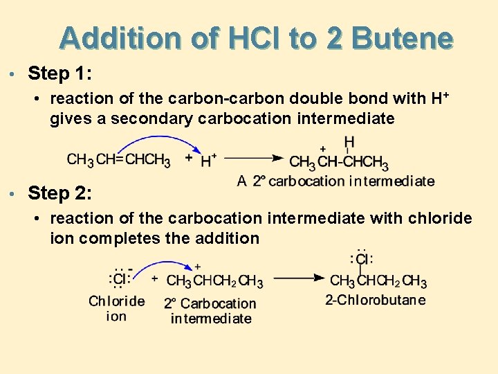 Addition of HCl to 2 Butene • Step 1: • reaction of the carbon-carbon