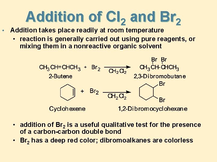  • Addition of Cl 2 and Br 2 Addition takes place readily at