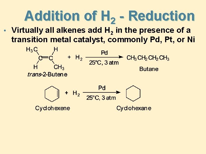 Addition of H 2 - Reduction • Virtually all alkenes add H 2 in