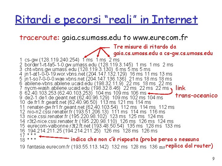 Ritardi e pecorsi “reali” in Internet traceroute: gaia. cs. umass. edu to www. eurecom. Ritardi e pecorsi “reali” in Internet traceroute: gaia. cs. umass. edu to www. eurecom.