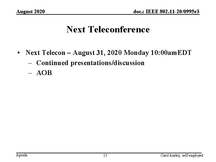 August 2020 doc. : IEEE 802. 11 -20/0995 r 3 Next Teleconference • Next