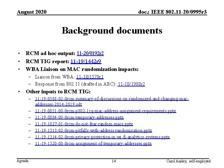 August 2020 doc. : IEEE 802. 11 -20/0995 r 3 Background documents • •