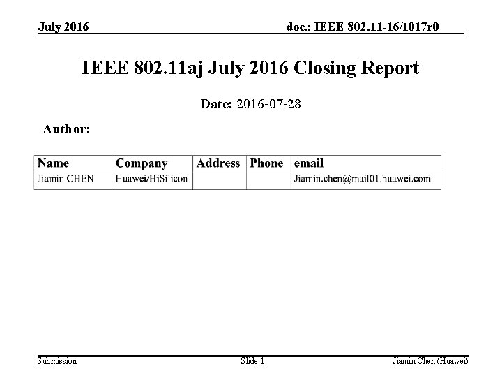 July 2016 doc. : IEEE 802. 11 -16/1017 r 0 IEEE 802. 11 aj