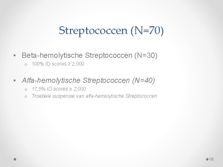 Streptococcen (N=70) • Beta-hemolytische Streptococcen (N=30) o 100% ID scores ≥ 2, 000 •