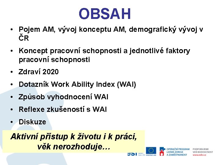 OBSAH • Pojem AM, vývoj konceptu AM, demografický vývoj v ČR • Koncept pracovní