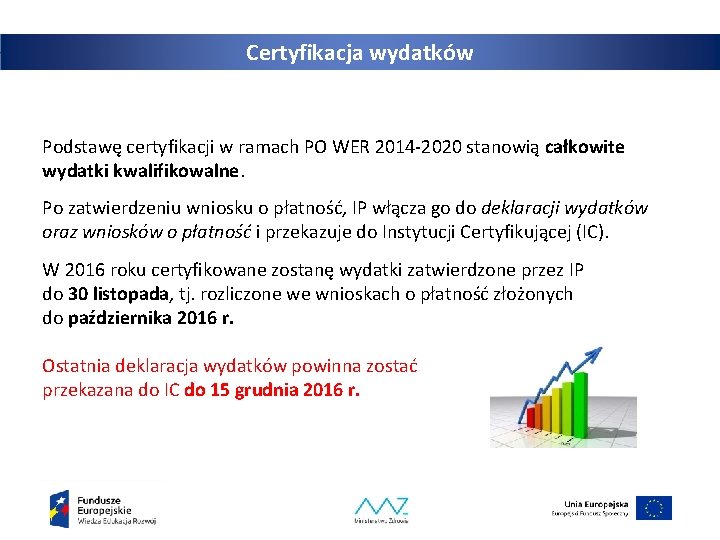 Certyfikacja wydatków Podstawę certyfikacji w ramach PO WER 2014 -2020 stanowią całkowite wydatki kwalifikowalne.