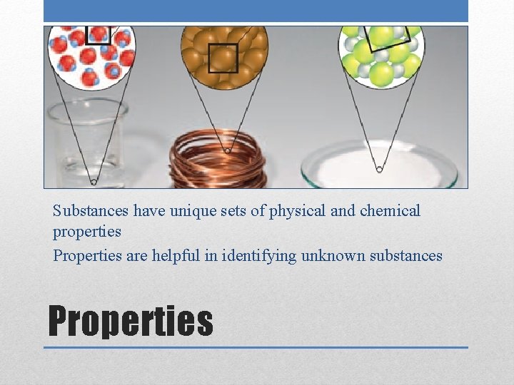 Substances have unique sets of physical and chemical properties Properties are helpful in identifying