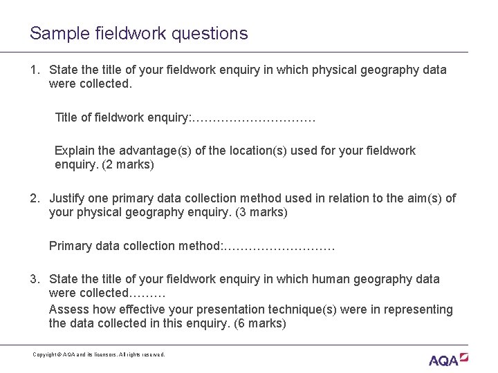 Sample fieldwork questions 1. State the title of your fieldwork enquiry in which physical