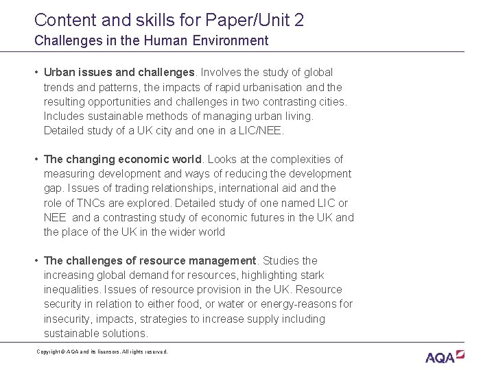 Content and skills for Paper/Unit 2 Challenges in the Human Environment • Urban issues