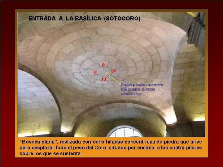 ENTRADA A LA BASÍLICA (SOTOCORO) “Bóveda plana", realizada con ocho hiladas concéntricas de piedra