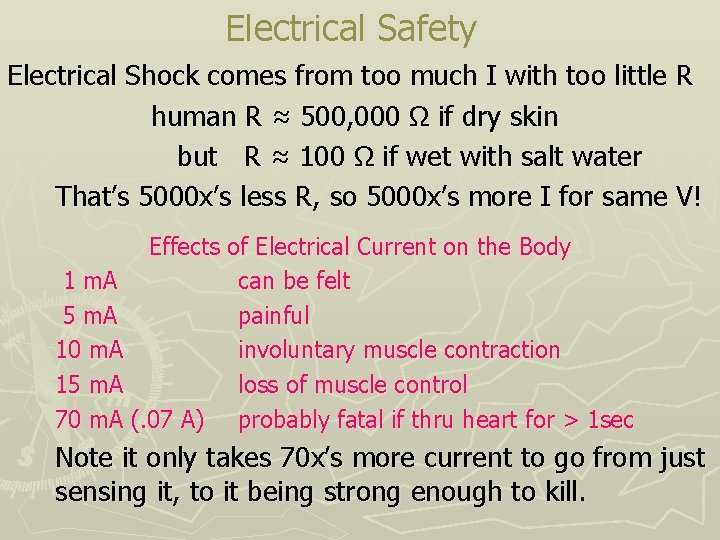 Electrical Safety Electrical Shock comes from too much I with too little R human