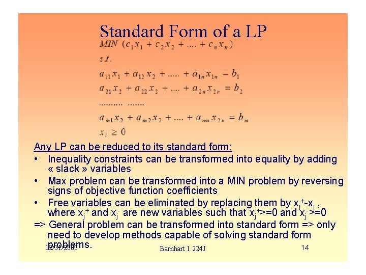 Standard Form of a LP Any LP can be reduced to its standard form: