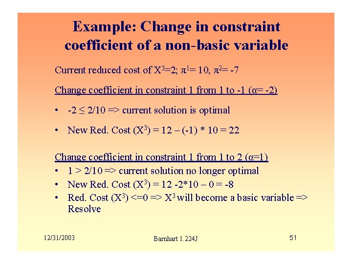 Example: Change in constraint coefficient of a non-basic variable Current reduced cost of X