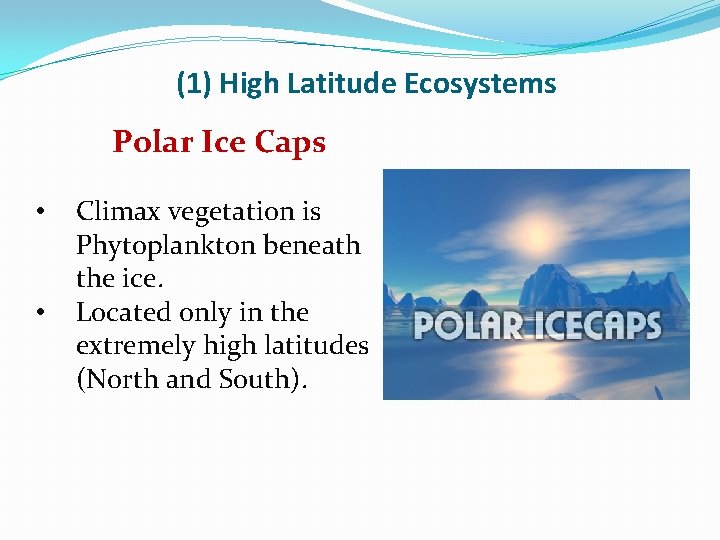 (1) High Latitude Ecosystems Polar Ice Caps • • Climax vegetation is Phytoplankton beneath