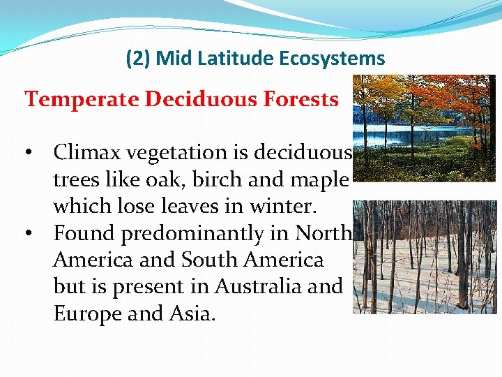 (2) Mid Latitude Ecosystems Temperate Deciduous Forests • Climax vegetation is deciduous trees like