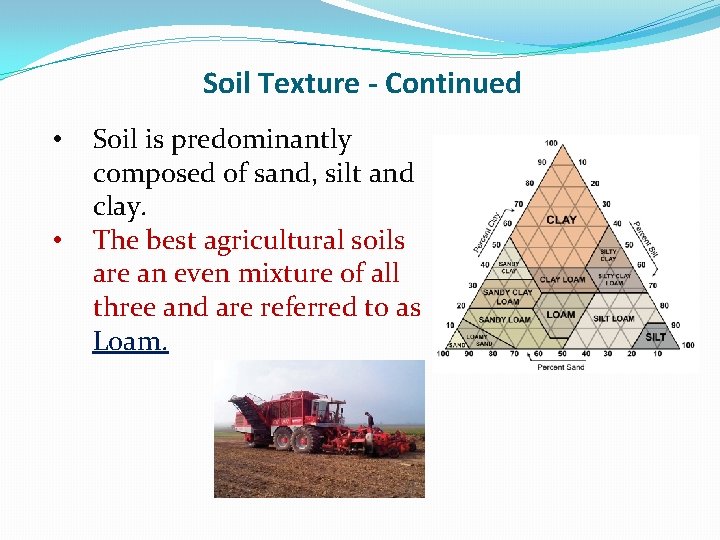 Soil Texture - Continued • • Soil is predominantly composed of sand, silt and