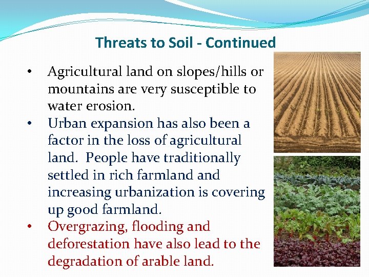 Threats to Soil - Continued • • • Agricultural land on slopes/hills or mountains